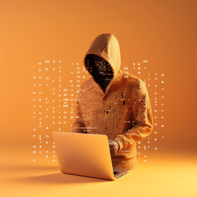 Das Bild zeigt einen orangen raum. In diesem Raum ist ein Laptop abgebildet. Über der Tastatur schwebt der Oberkörber einer Person, dessen Gesicht man auf Grund einer Kaputze nicht erkennen kann. Um die Person sind ganz kleine Code Zeichen in der Luft abgebildet in weiß.