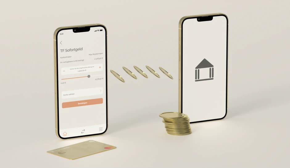 Zwei Smartphones sind nebeneinander abgebildet sollen den Geldtransfer darstellen der bei TF Sofortgeld stattfindet. Münzen werden von einem Handy zum anderen transferiert.