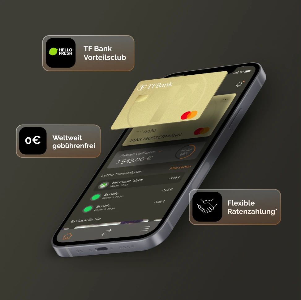 Smartphone mit TF Bank Mobile App Ansicht. Daneben sind 3 Icons abgebildet bzgl. Flexibler Ratenzahlung, Weltweit gebührenfrei, TF Bank Vorteilsclub. . Darüber schwebt die TF Mastercard Gold.