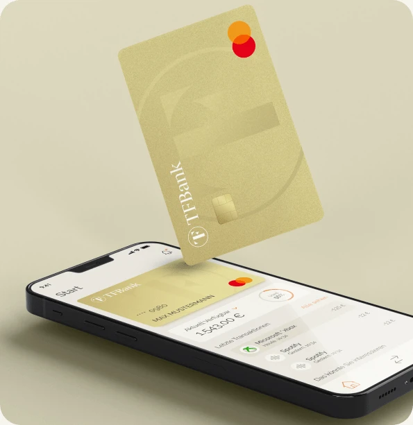 TF Mastercard Gold balanciert auf einem Smartphone mit der TF Mobile App