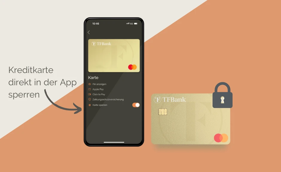 Ein Smartphone ist neben der TF Mastercard Gold mit der "Kreditkarte sperren" Funktion abgebildet.