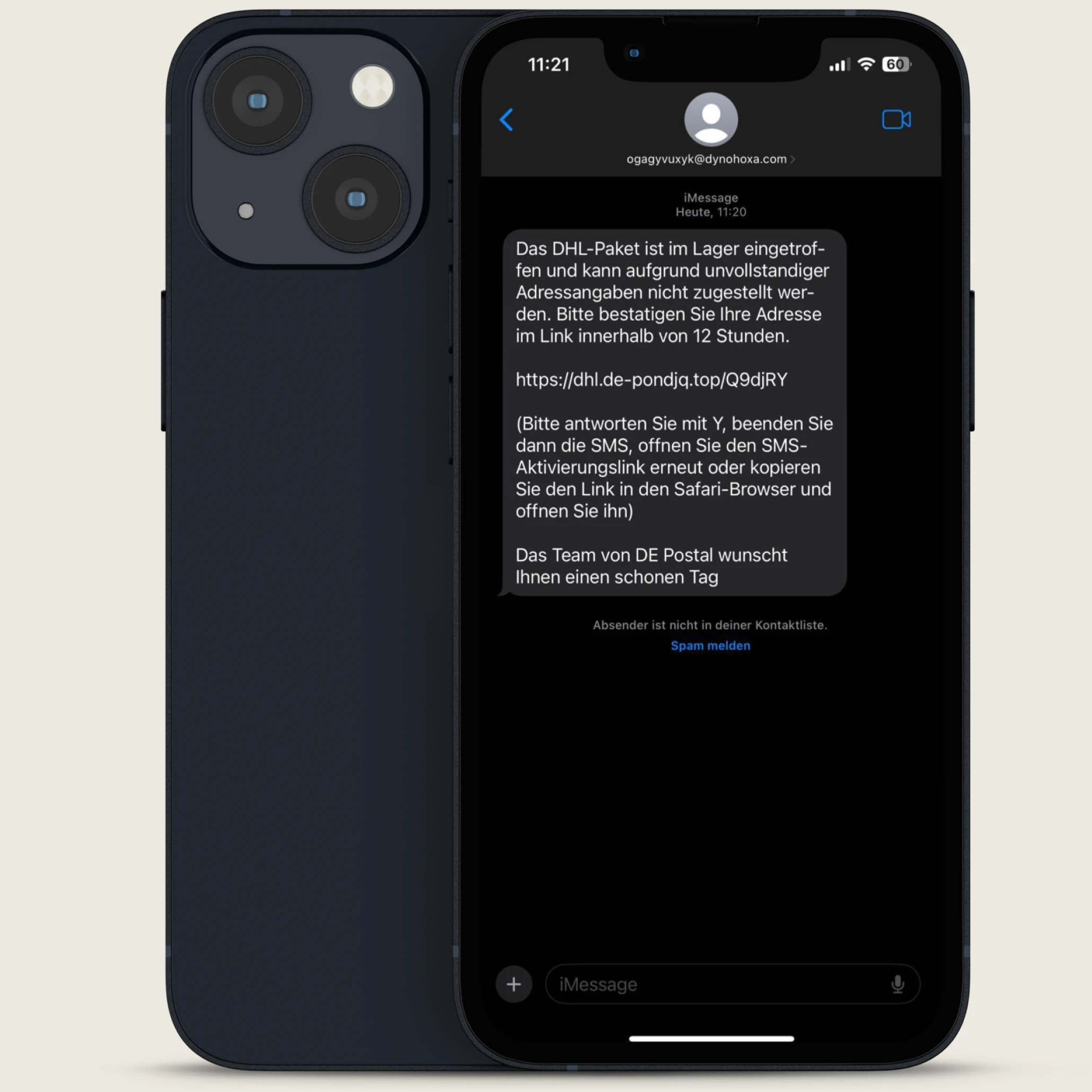 IPhone zeigt Phishing Beispiel einer SMS Nachricht.