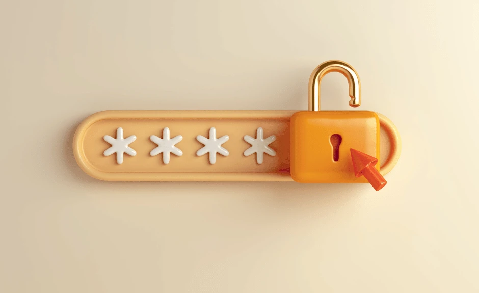 Sicheres Passwort Bild mit einem mit Sternchen verschlüsseltem Code und einem Schloss.