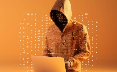 Das Bild zeigt einen orangen raum. In diesem Raum ist ein Laptop abgebildet. Über der Tastatur schwebt der Oberkörber einer Person, dessen Gesicht man auf Grund einer Kaputze nicht erkennen kann. Um die Person sind ganz kleine Code Zeichen in der Luft abgebildet in weiß.