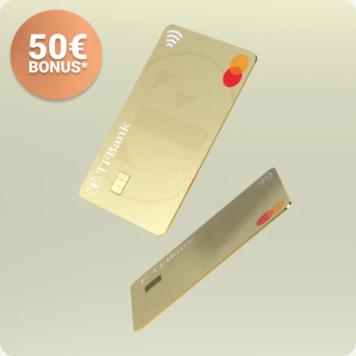 Zwei TF Mastercard Gold Kreditkarten schweben in der Luft