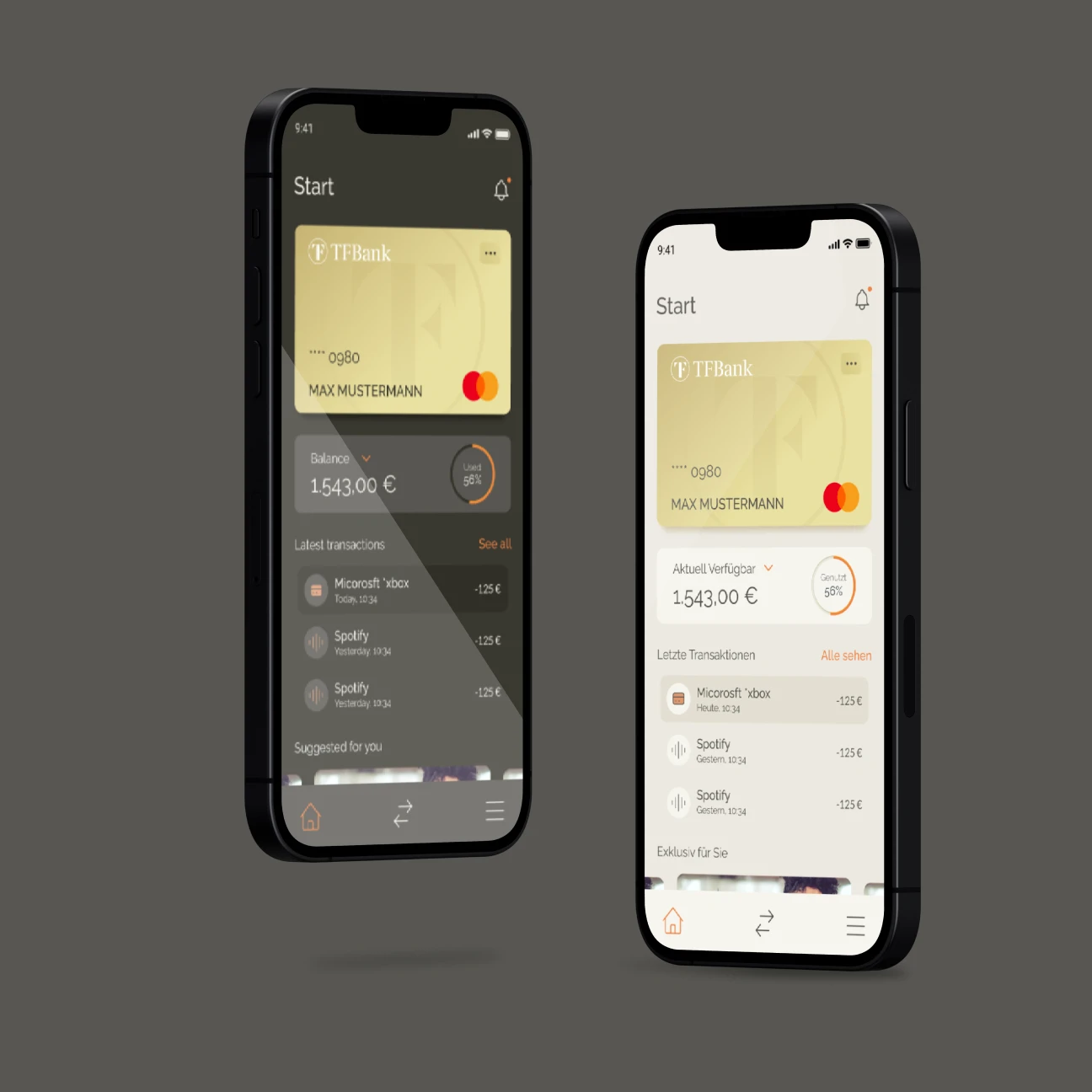 Zwei Smartphones sind nebeneinander abgebildet (darkmode & lightmode) und zeigen beide den Homebildschirm der TF Bank Mobile App.