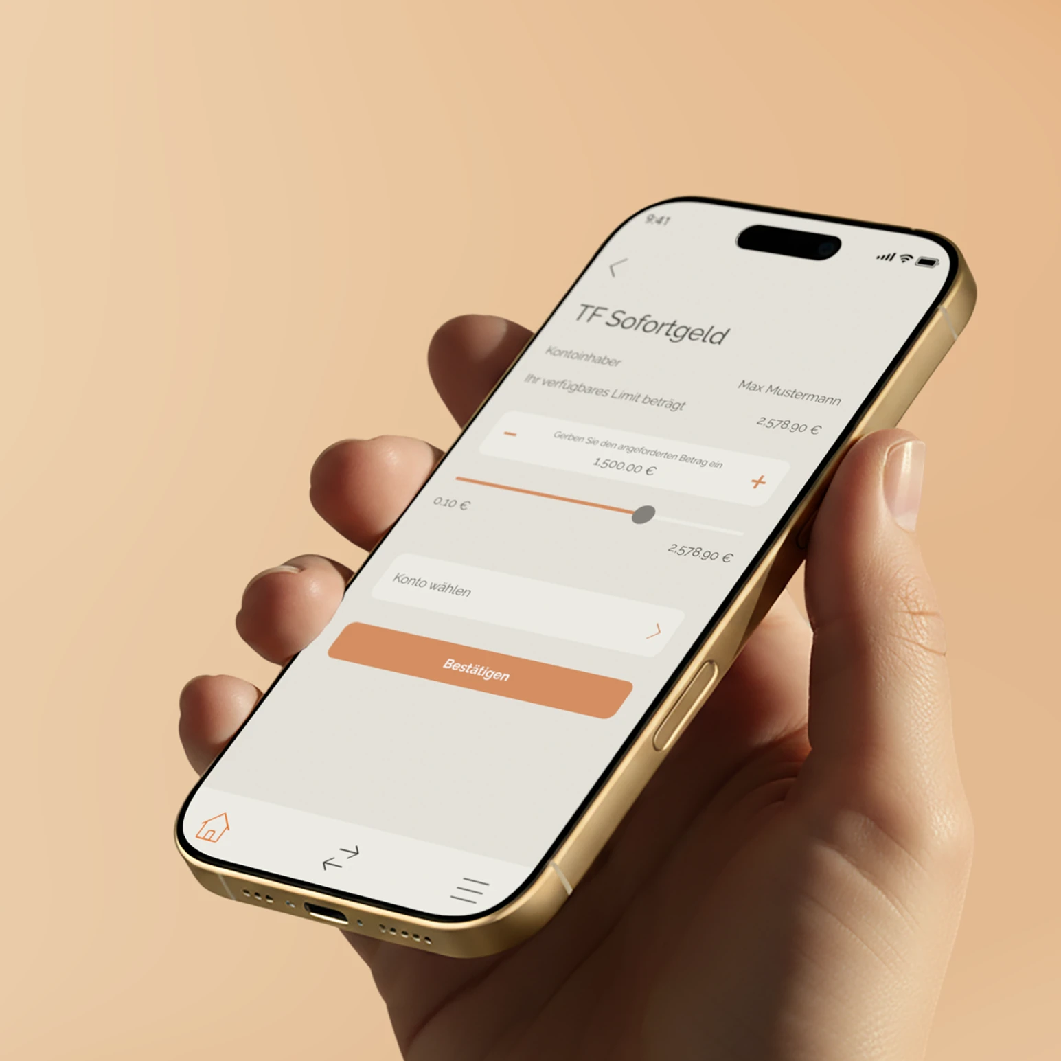 Hand hält Handy, wo man die Funktion 'TF Sofortgeld' in der TF Bank Mobile App sieht. Verfügbares Limit auf Referenzkonto überweisen funktioniert so schnell und einfach.