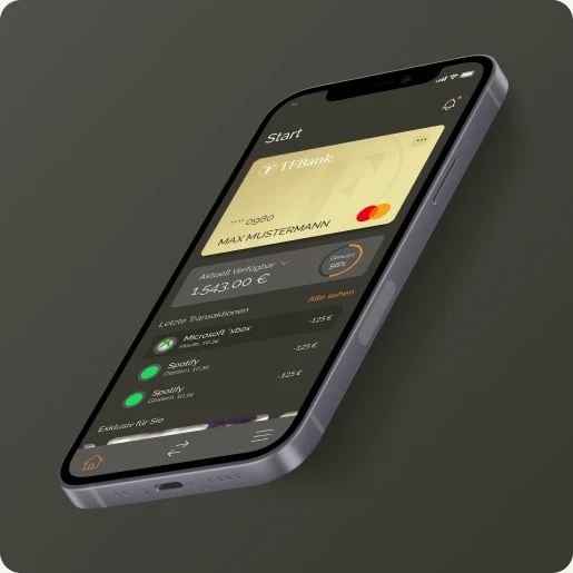 Iphone schwebt vor schwarzem Hintergrund. Abgebildet ist die TF Bank App im dark mode.