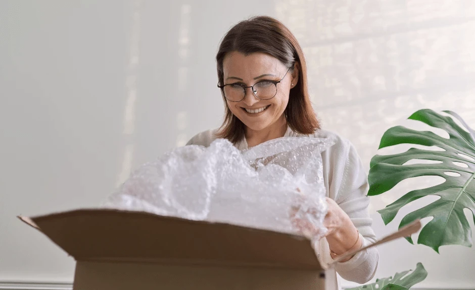 Frau mit Brille schaut in einen geöffneten Karton und grinst.