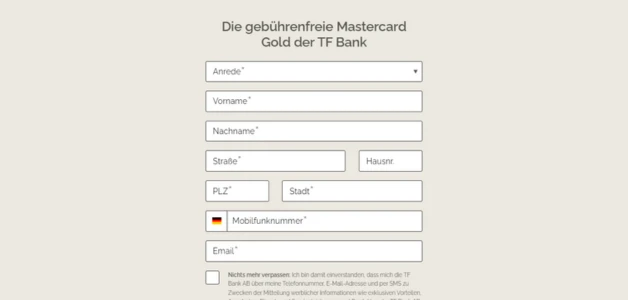 TF Bank Antrag Maske mit Eingabefeldern der persönlichen Daten