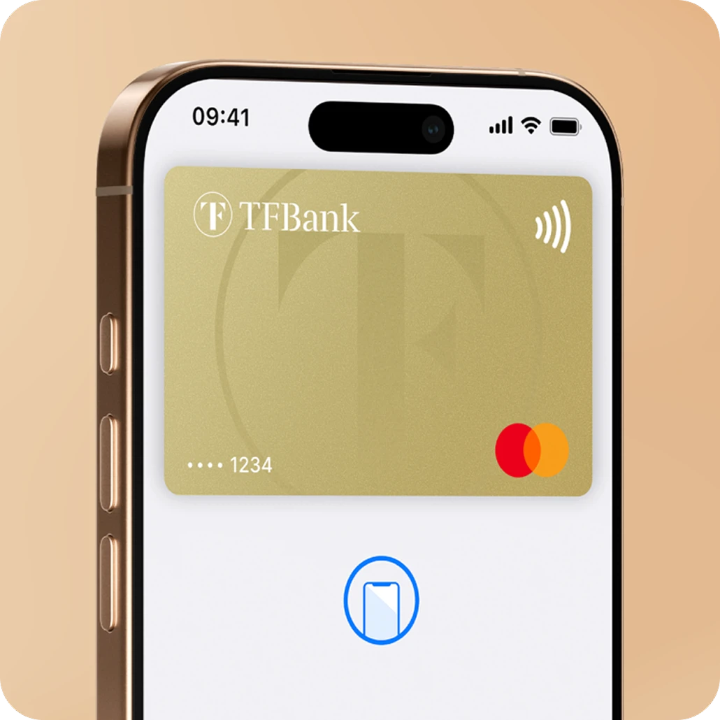 Digitales Wallet der TF Bank - TF Mastercard Gold Wallet wird gezeigt auf orangenem Hintergrund